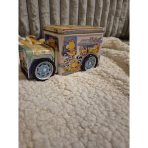Vintage Tin Truck Bank Bear Canister Rolling Wheels 1990